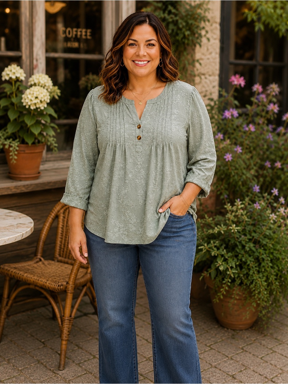 Always Indigo NWT Sage Textured Floral Pintuck Henley Top 1X Boutique